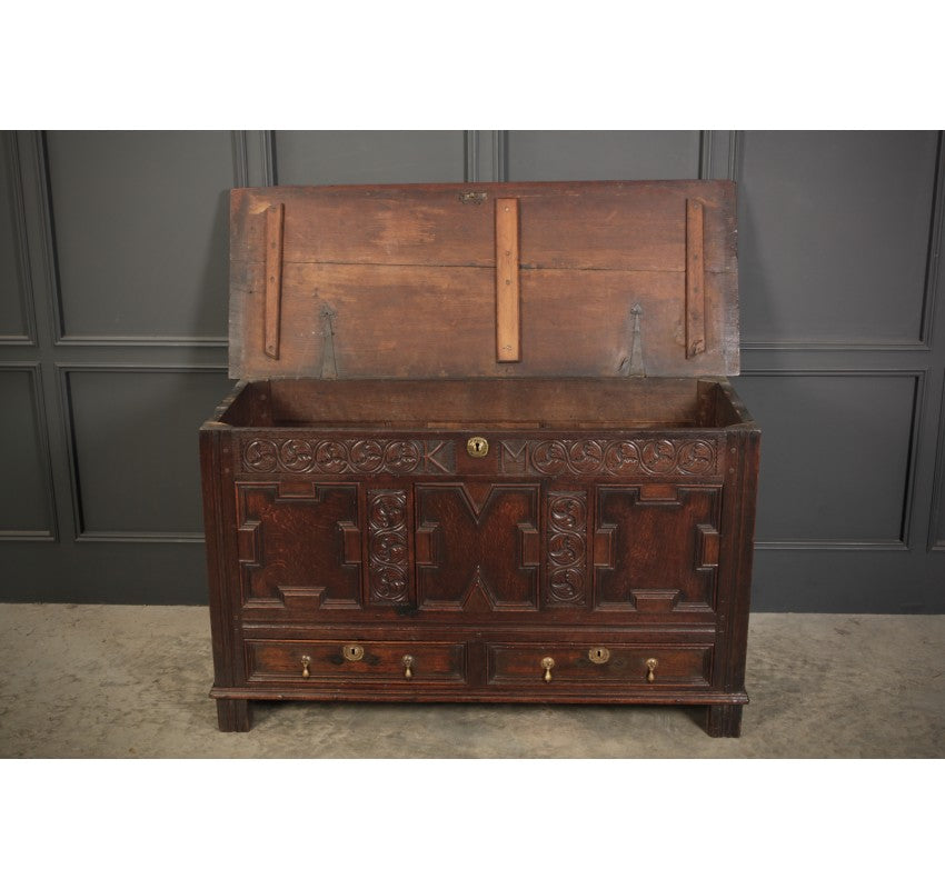 17th Century Carved Oak Mule Chest