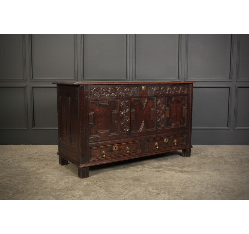 17th Century Carved Oak Mule Chest