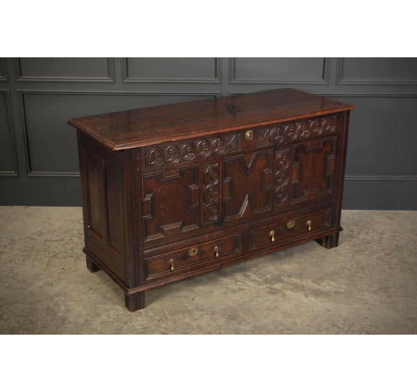 17th Century Carved Oak Mule Chest