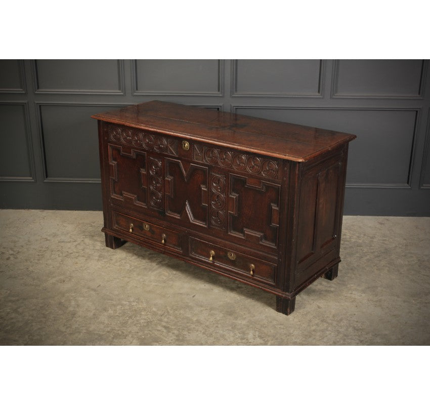 17th Century Carved Oak Mule Chest