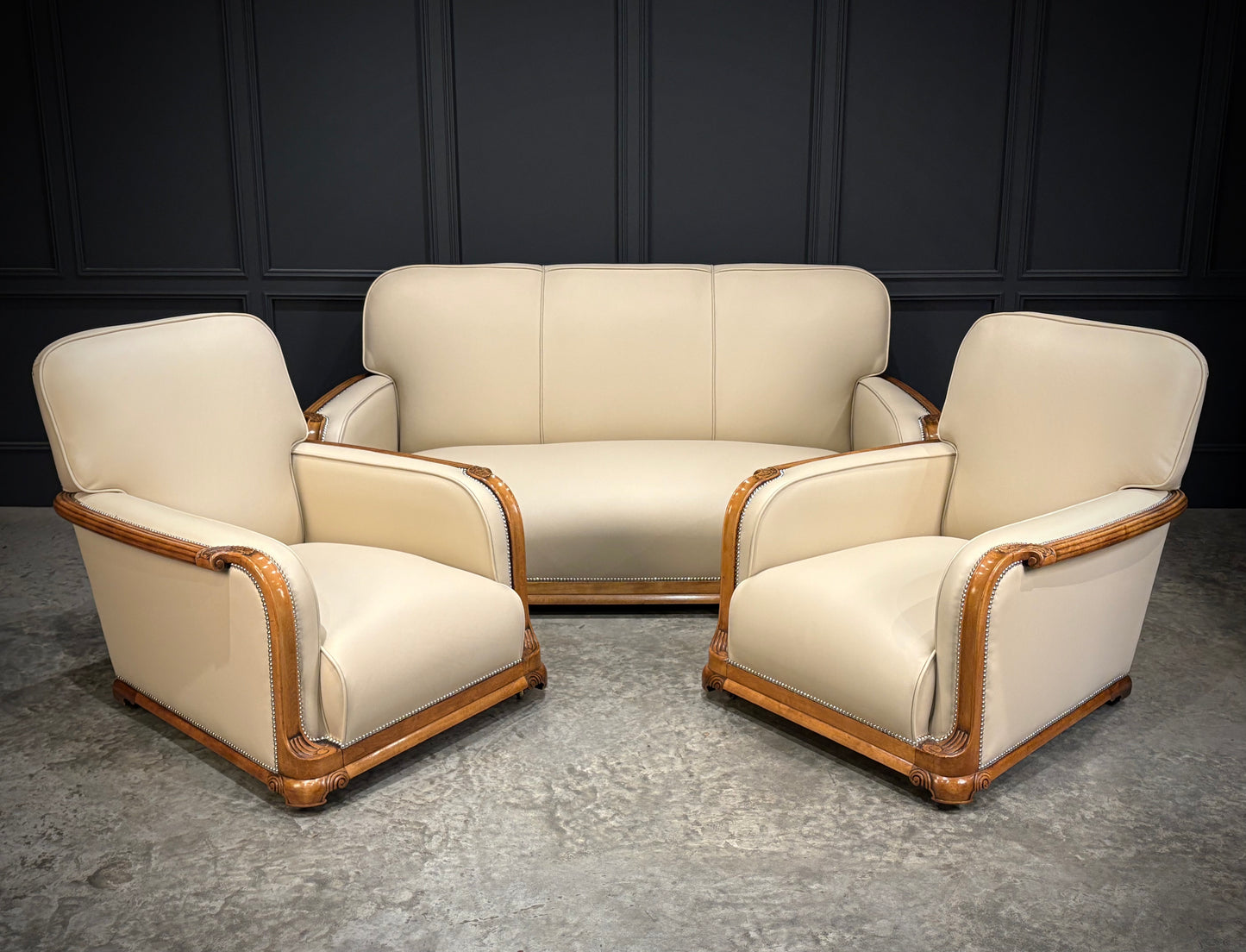 Art Deco Walnut & Leather 3-Piece Suite