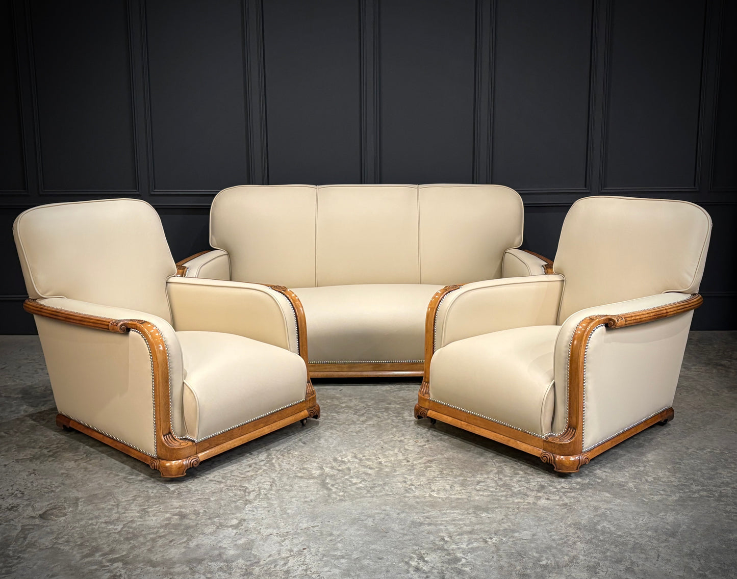 Art Deco Walnut & Leather 3-Piece Suite