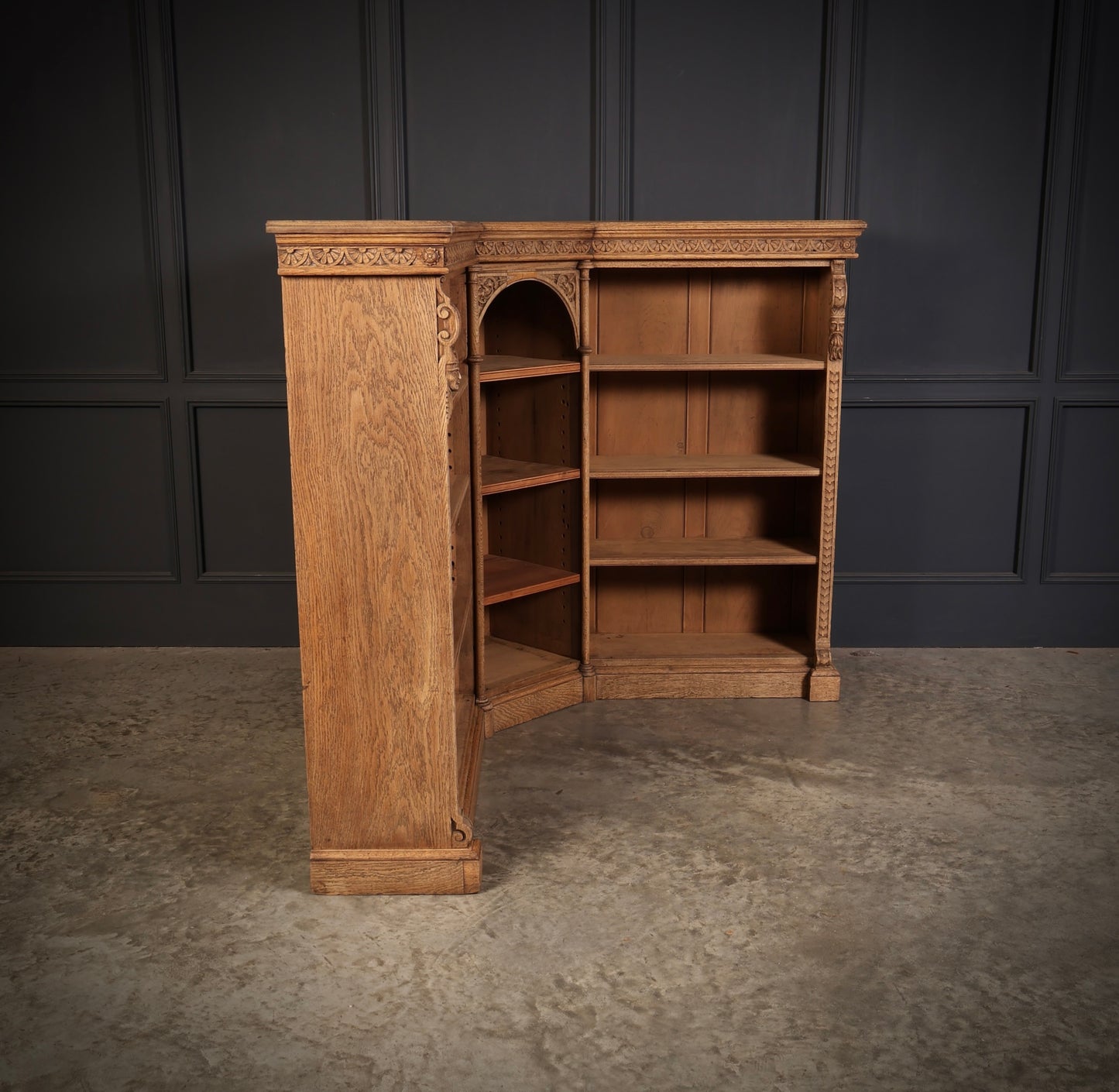 Carved Bleached Oak Corner Open Bookcase