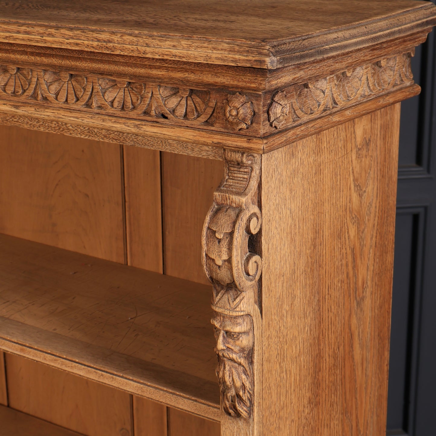 Carved Bleached Oak Corner Open Bookcase
