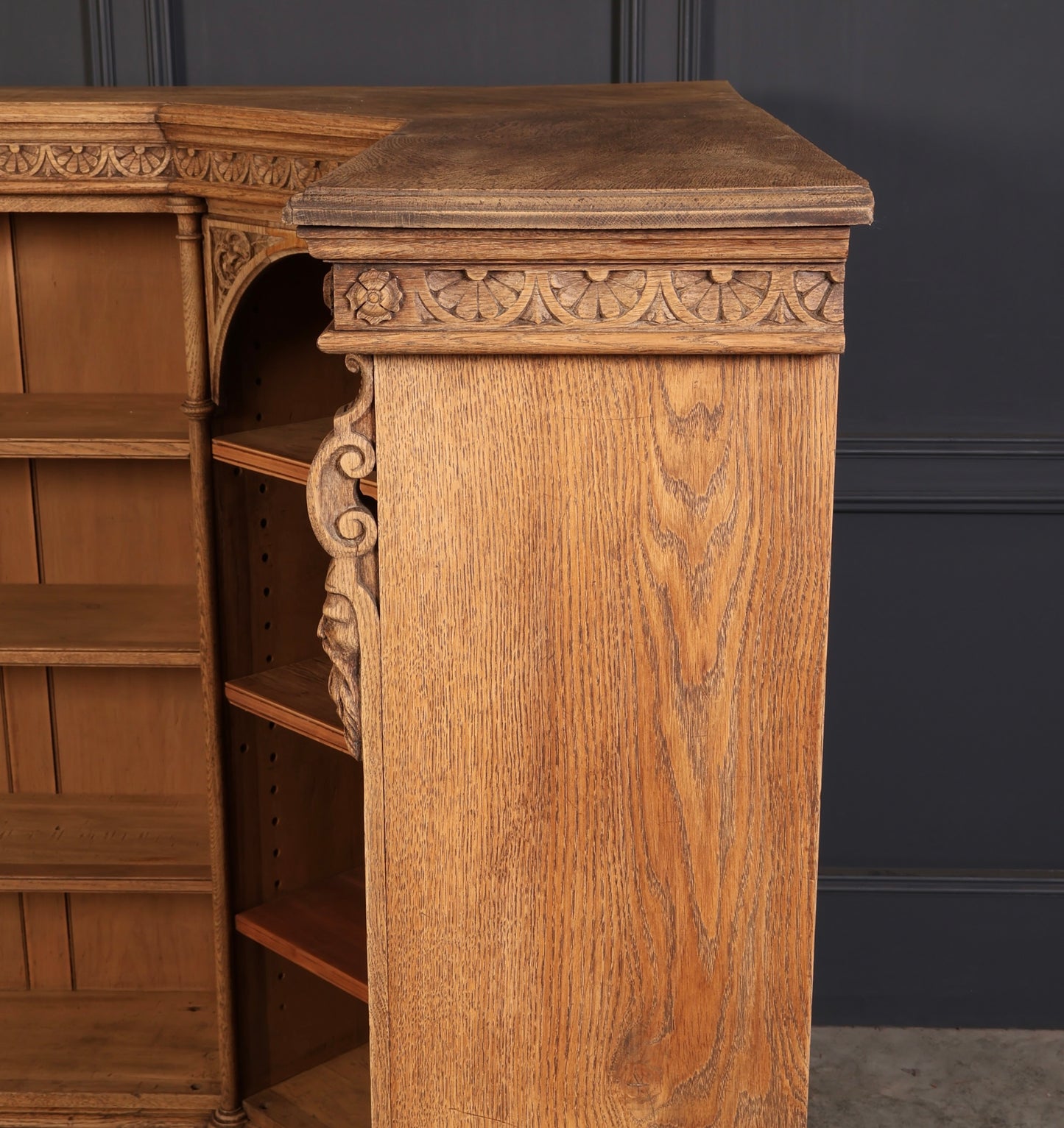 Carved Bleached Oak Corner Open Bookcase