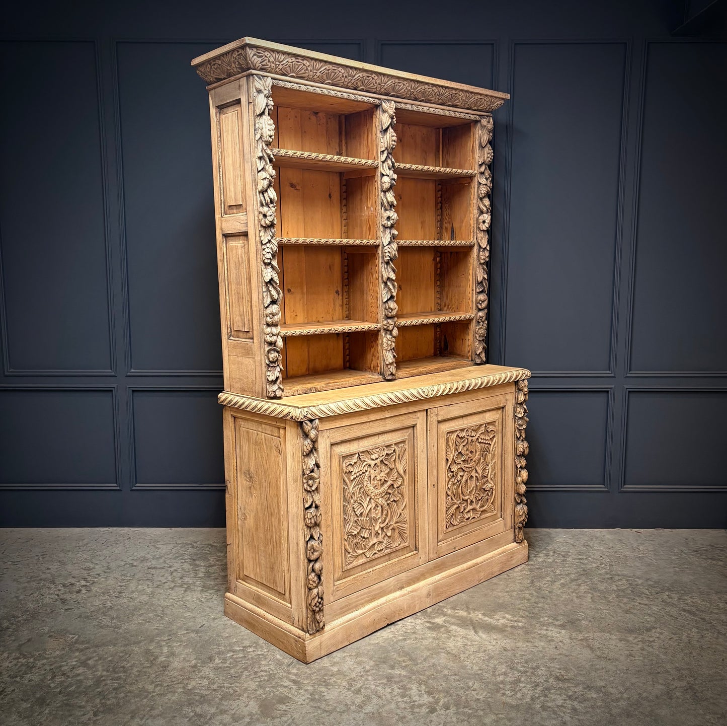 Bleached Carved Oak Open Bookcase