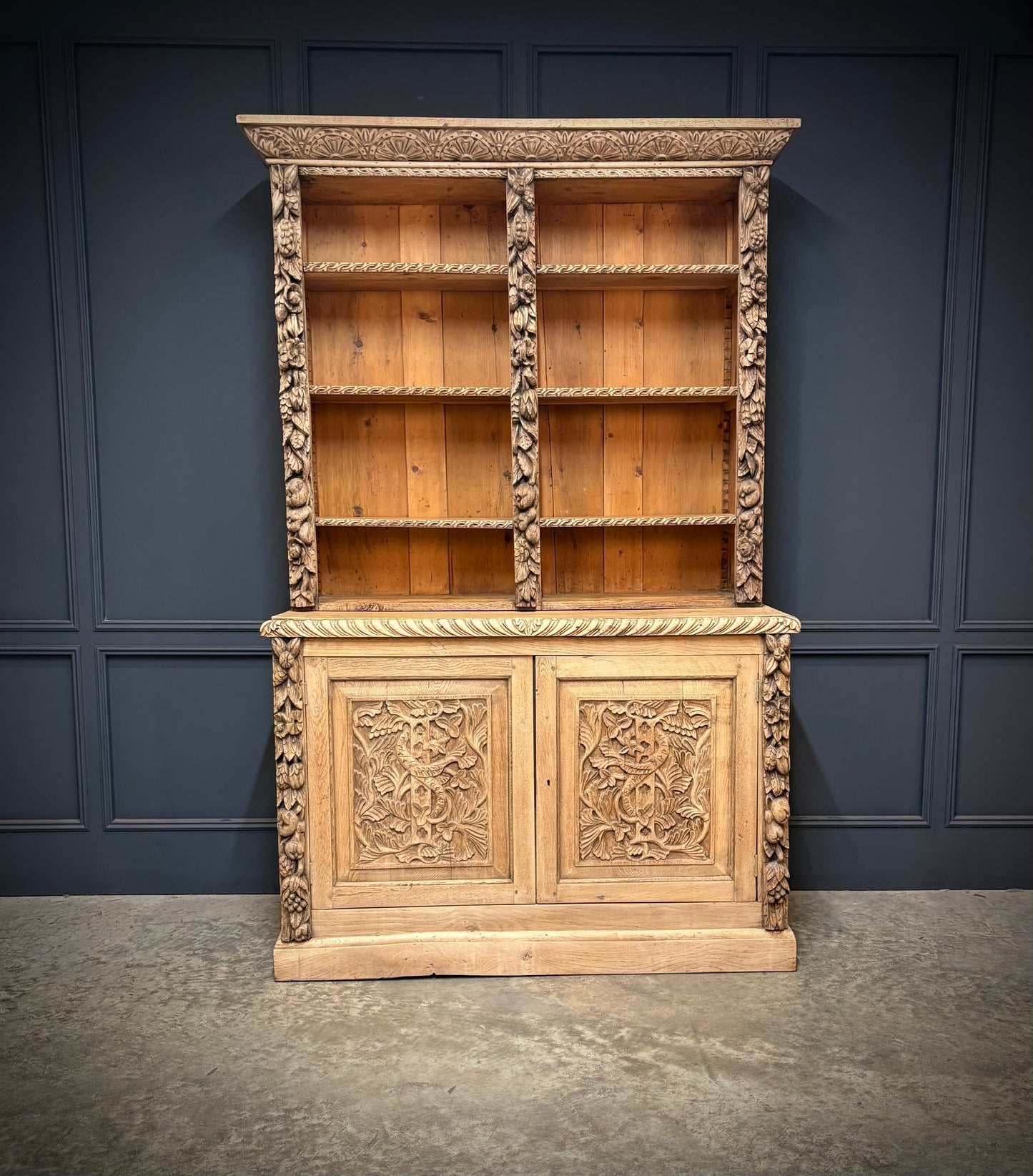Bleached Carved Oak Open Bookcase