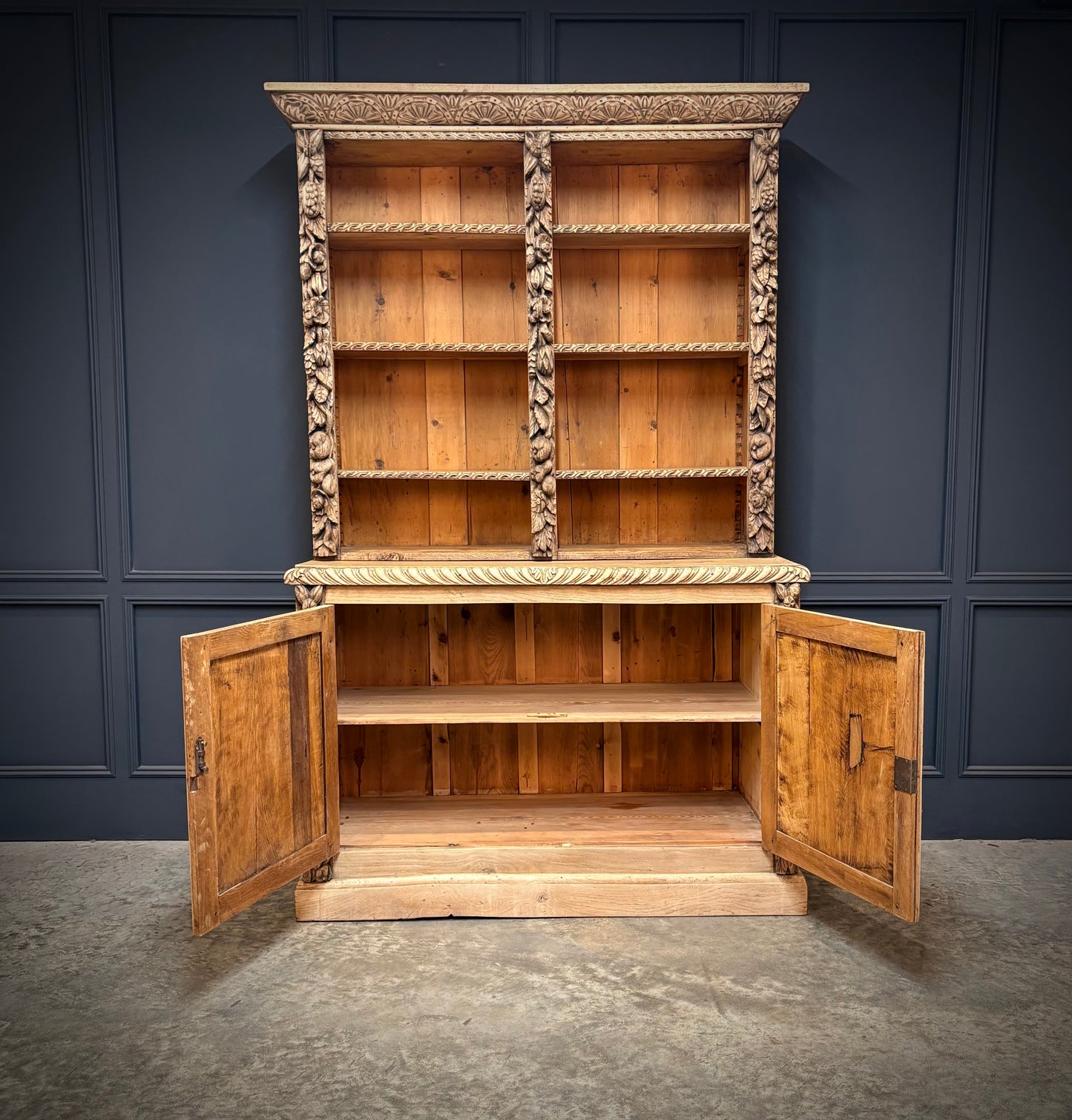 Bleached Carved Oak Open Bookcase