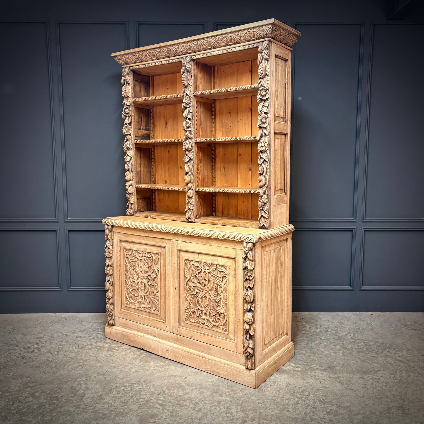 Bleached Carved Oak Open Bookcase
