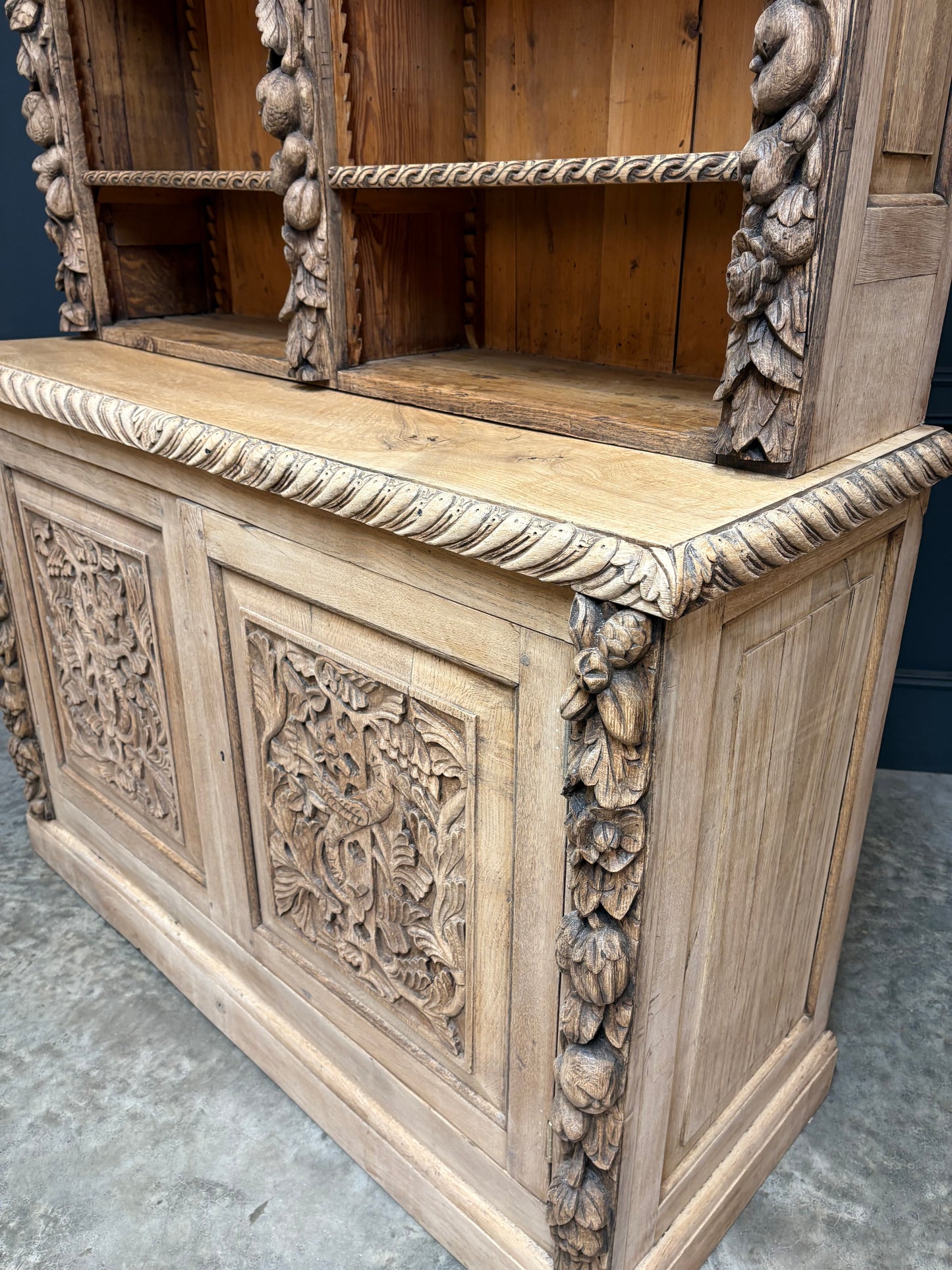 Bleached Carved Oak Open Bookcase