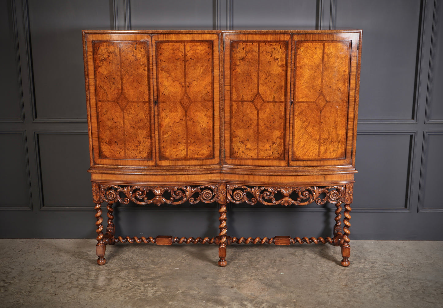 Double Bow Front Burr Walnut Cocktail Cabinet