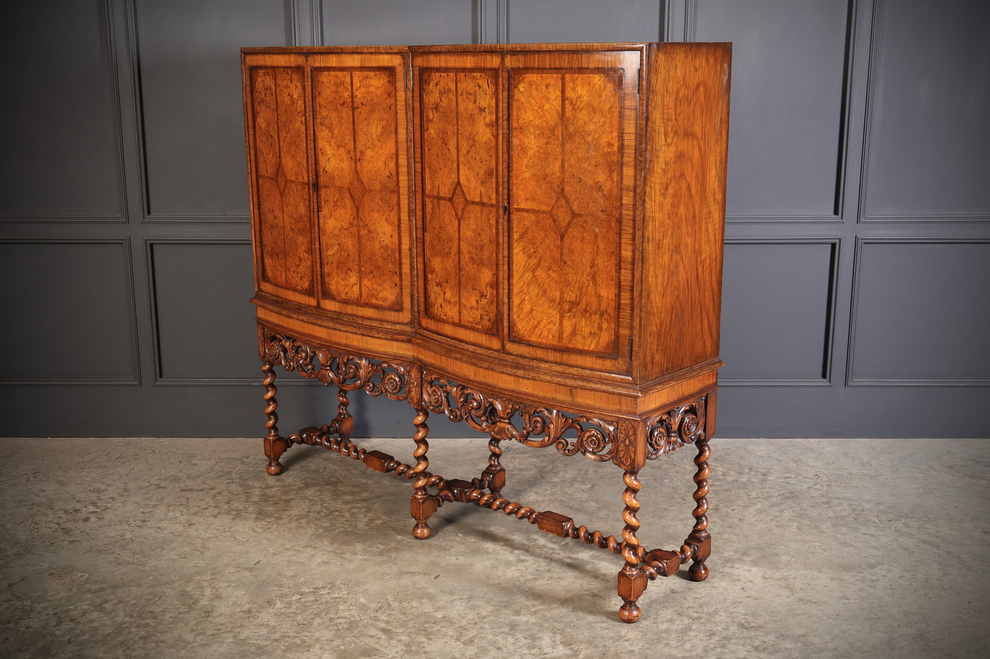 Double Bow Front Burr Walnut Cocktail Cabinet