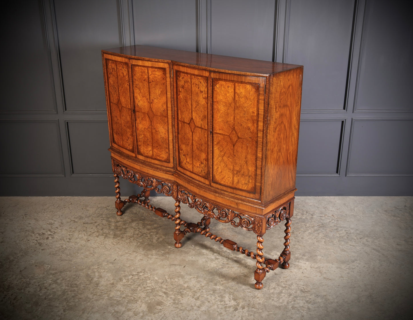 Double Bow Front Burr Walnut Cocktail Cabinet