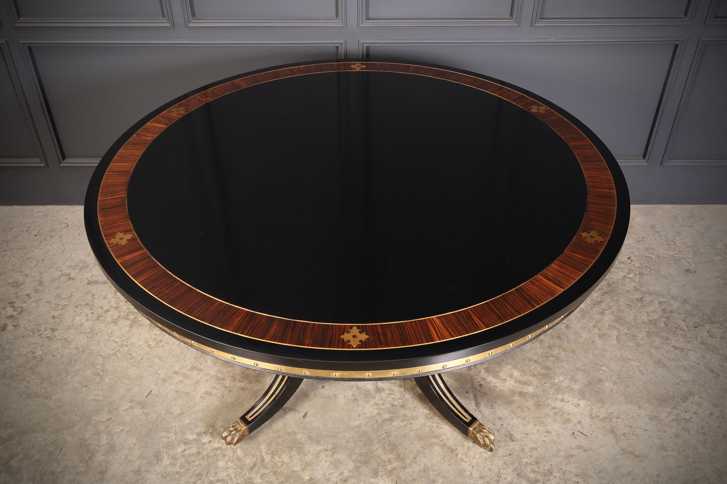 Striking Brass Inlaid Ebonised Round Centre Table