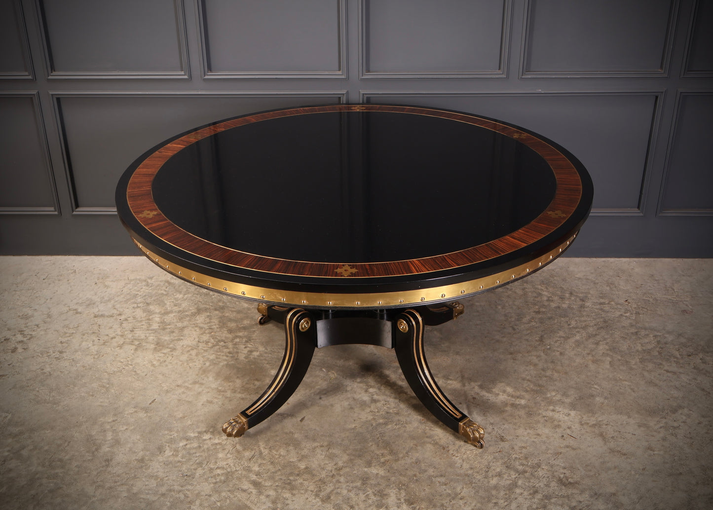 Striking Brass Inlaid Ebonised Round Centre Table