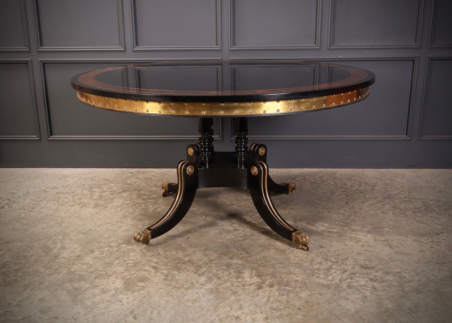 Striking Brass Inlaid Ebonised Round Centre Table