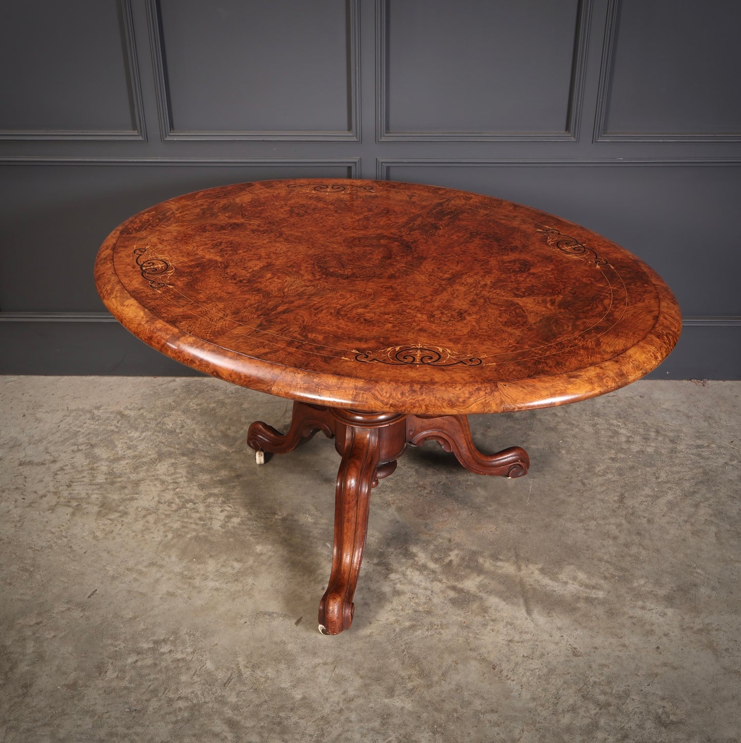 Burr Walnut Marquetry Inlaid Tilt Top Centre Table