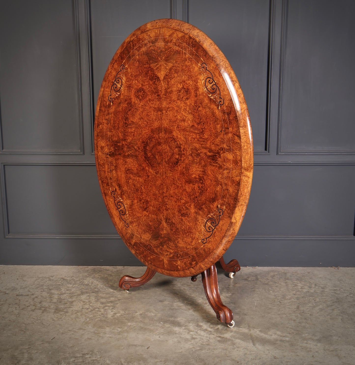Burr Walnut Marquetry Inlaid Tilt Top Centre Table
