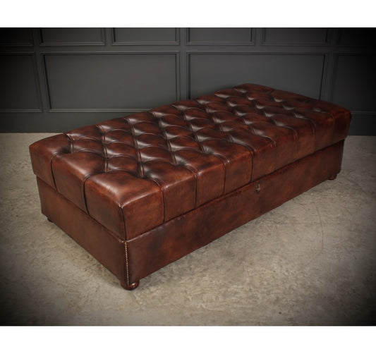 Huge Buttoned Hand Dyed Brown Leather Ottoman