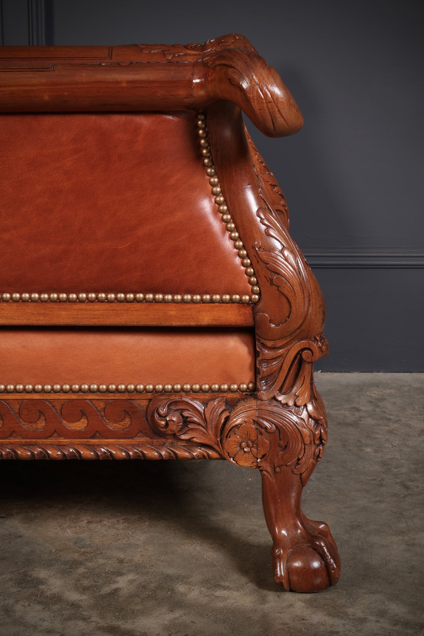 Pair of Carved Mahogany & Leather Library Armchairs