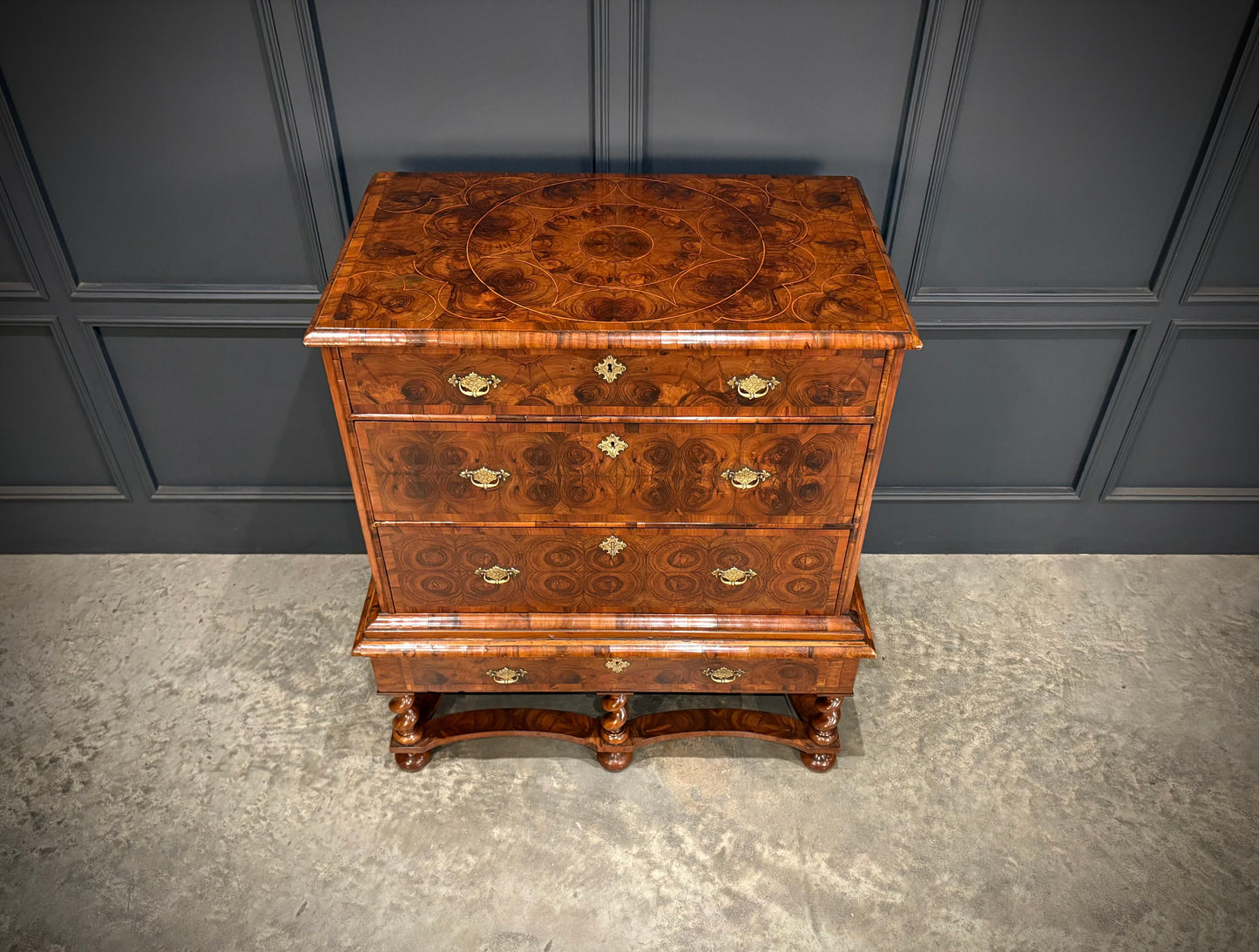 Rare William & Mary Olive Wood Oyster Chest on Stand