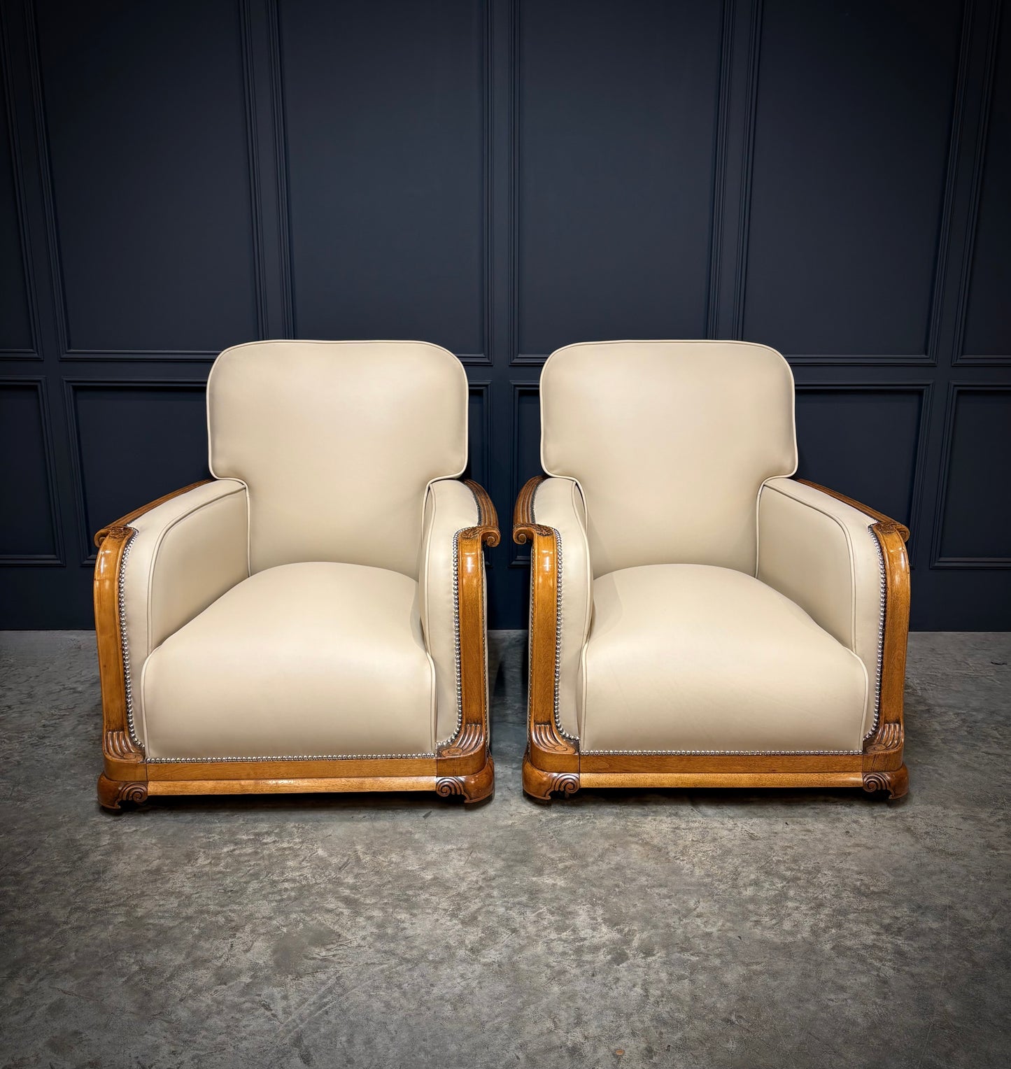 Pair of Art Deco Walnut & Leather Armchairs