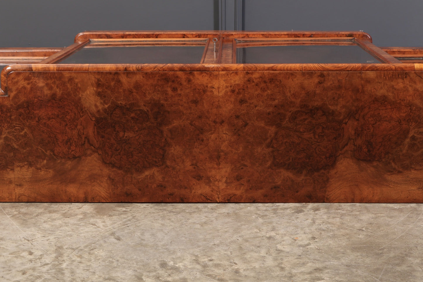 Large Burr Walnut Breakfront Dwarf Glazed Bookcase