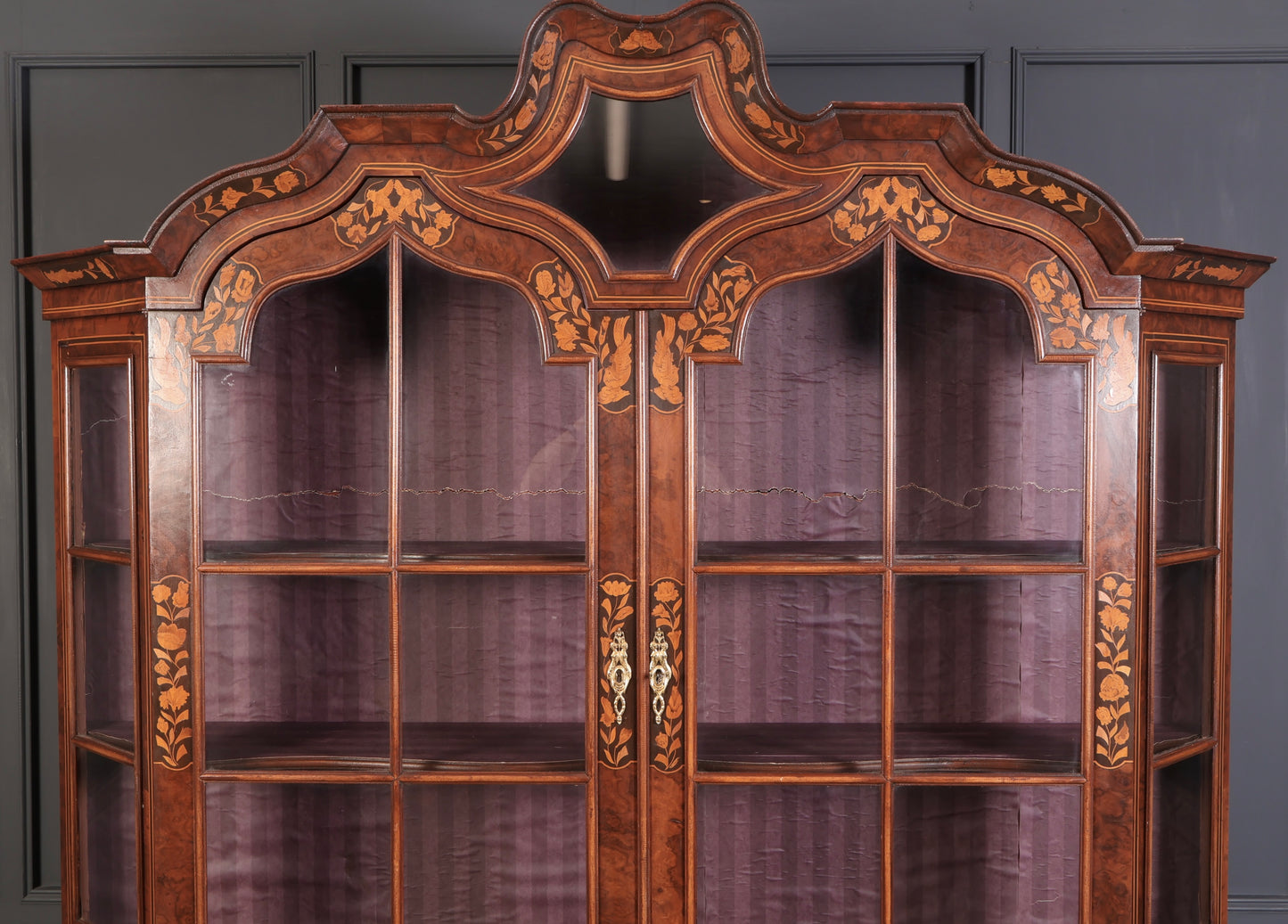 Large Dutch Marquetry Inlaid Walnut Bombe Shaped Cabinet