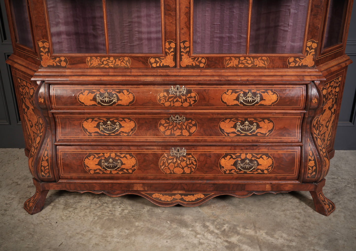 Large Dutch Marquetry Inlaid Walnut Bombe Shaped Cabinet