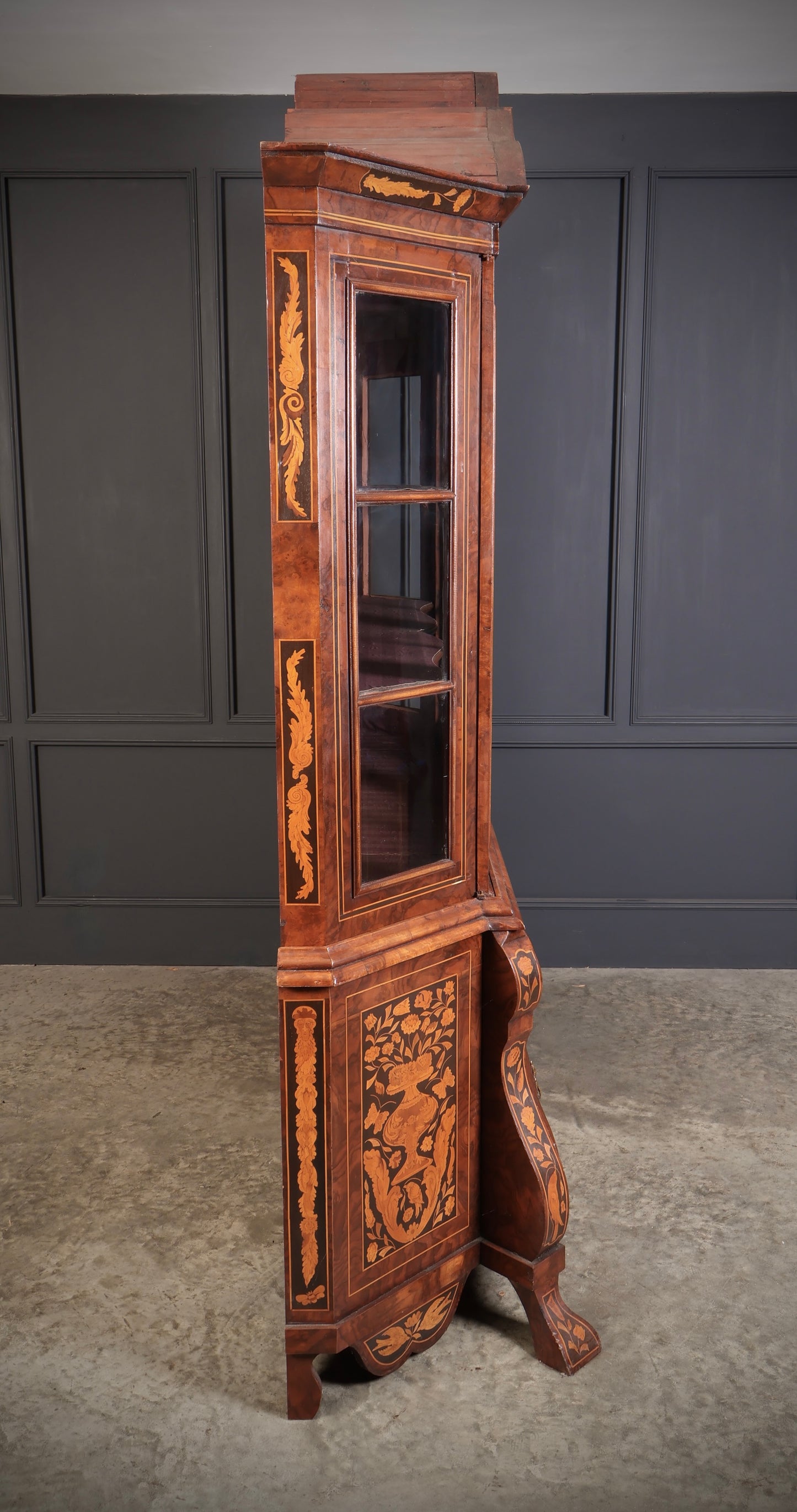 Large Dutch Marquetry Inlaid Walnut Bombe Shaped Cabinet