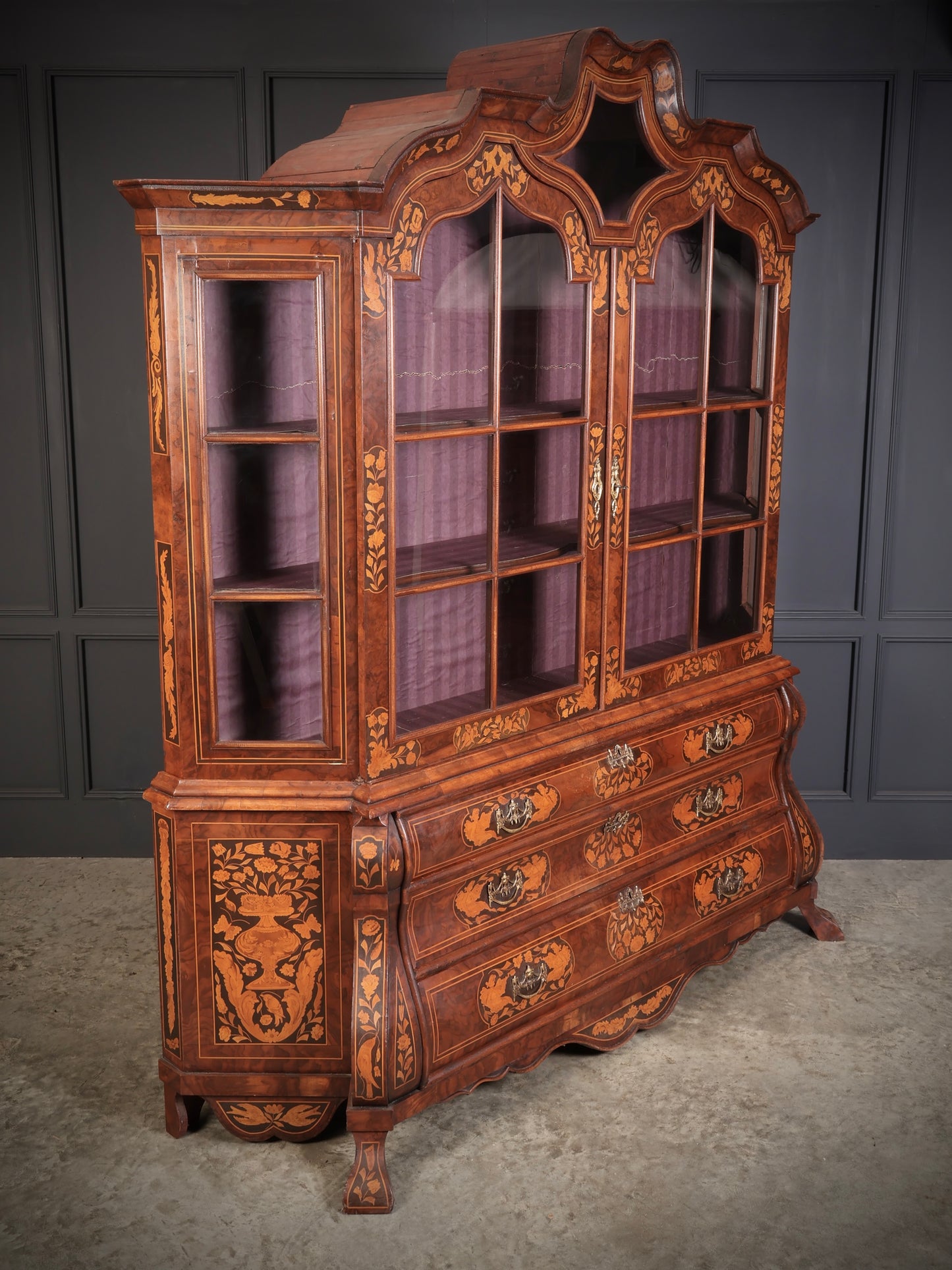 Large Dutch Marquetry Inlaid Walnut Bombe Shaped Cabinet