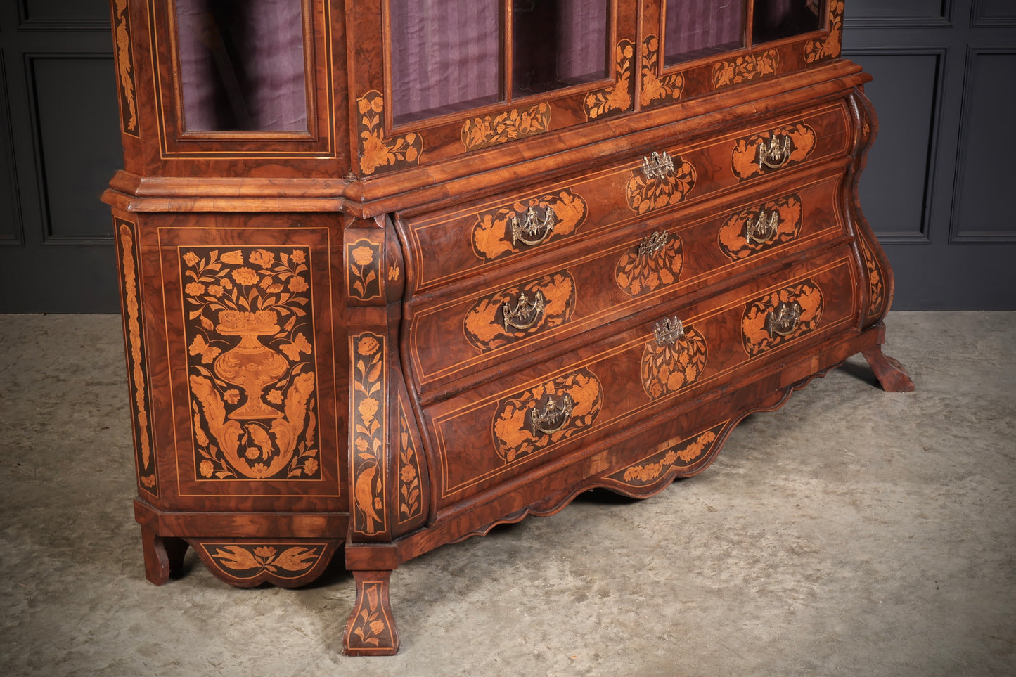 Large Dutch Marquetry Inlaid Walnut Bombe Shaped Cabinet