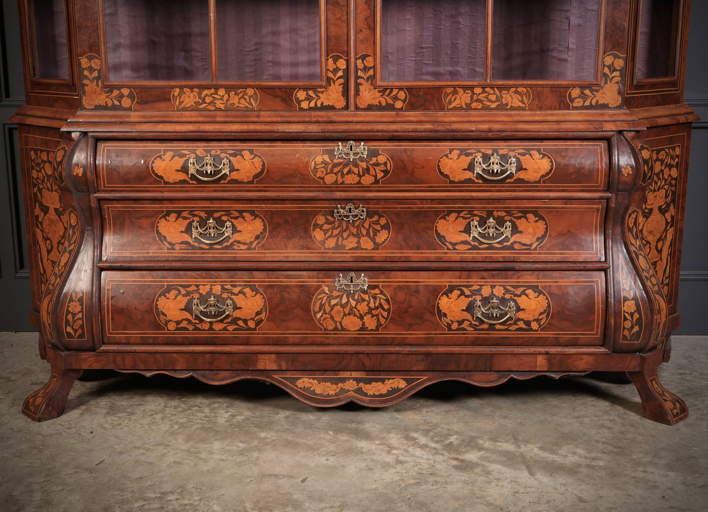 Large Dutch Marquetry Inlaid Walnut Bombe Shaped Cabinet