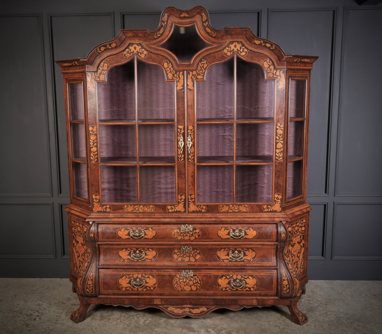 Large Dutch Marquetry Inlaid Walnut Bombe Shaped Cabinet