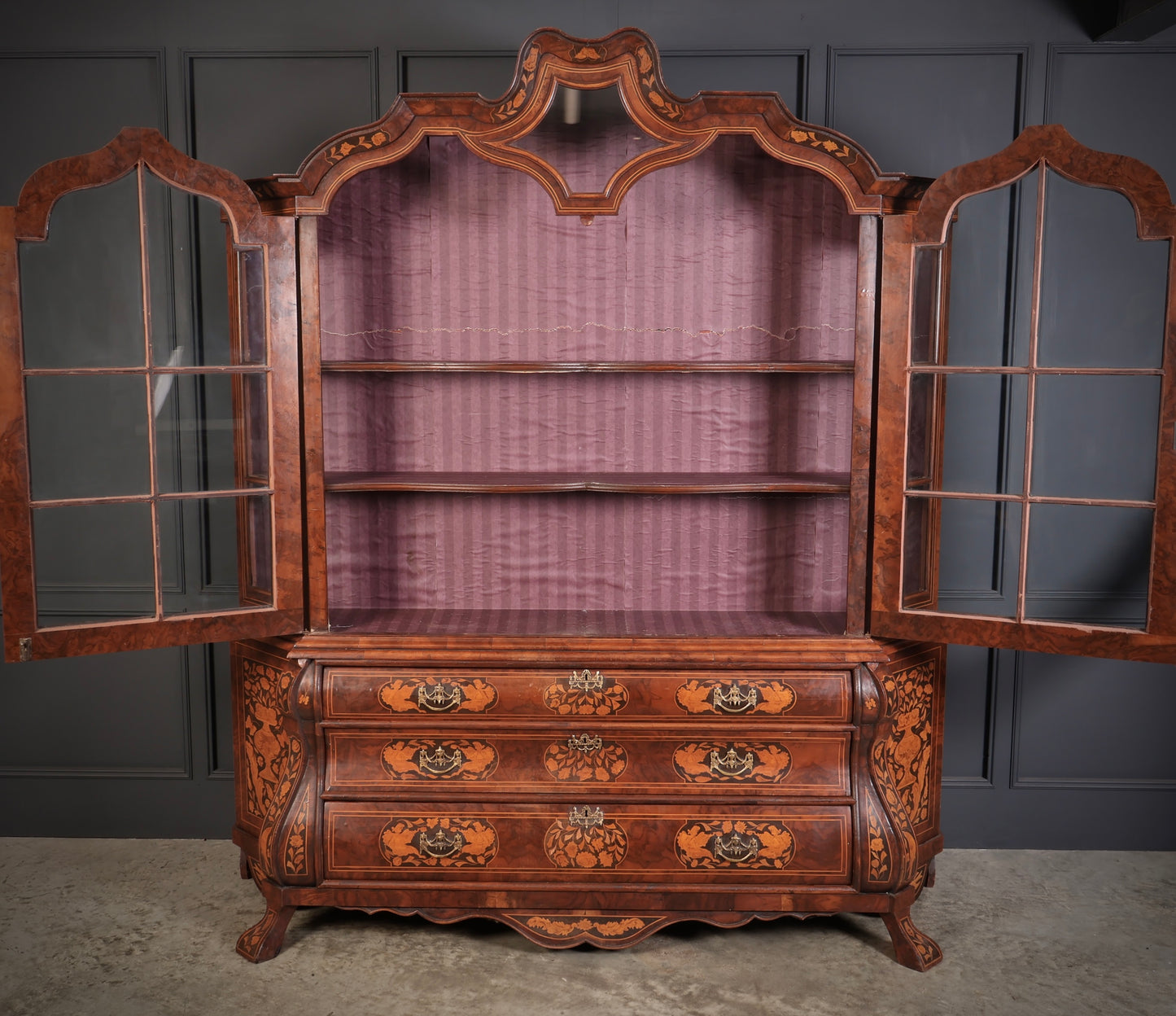 Large Dutch Marquetry Inlaid Walnut Bombe Shaped Cabinet