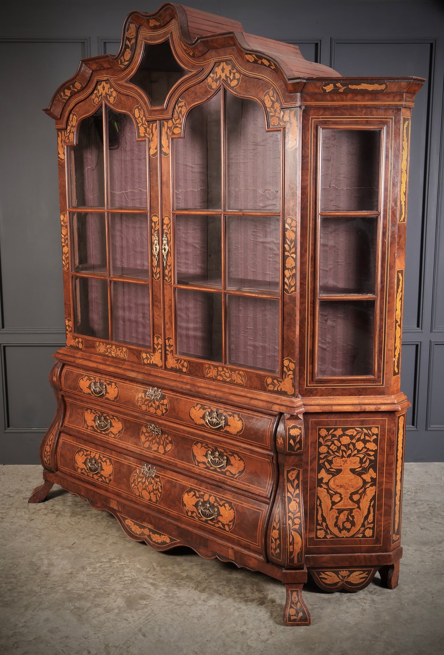 Large Dutch Marquetry Inlaid Walnut Bombe Shaped Cabinet