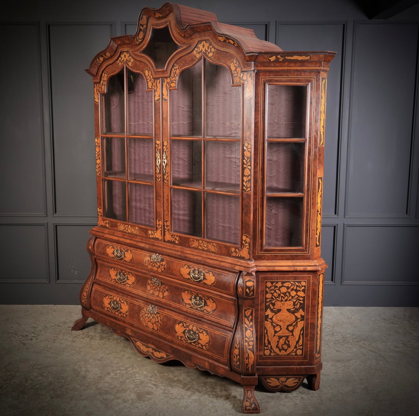 Large Dutch Marquetry Inlaid Walnut Bombe Shaped Cabinet