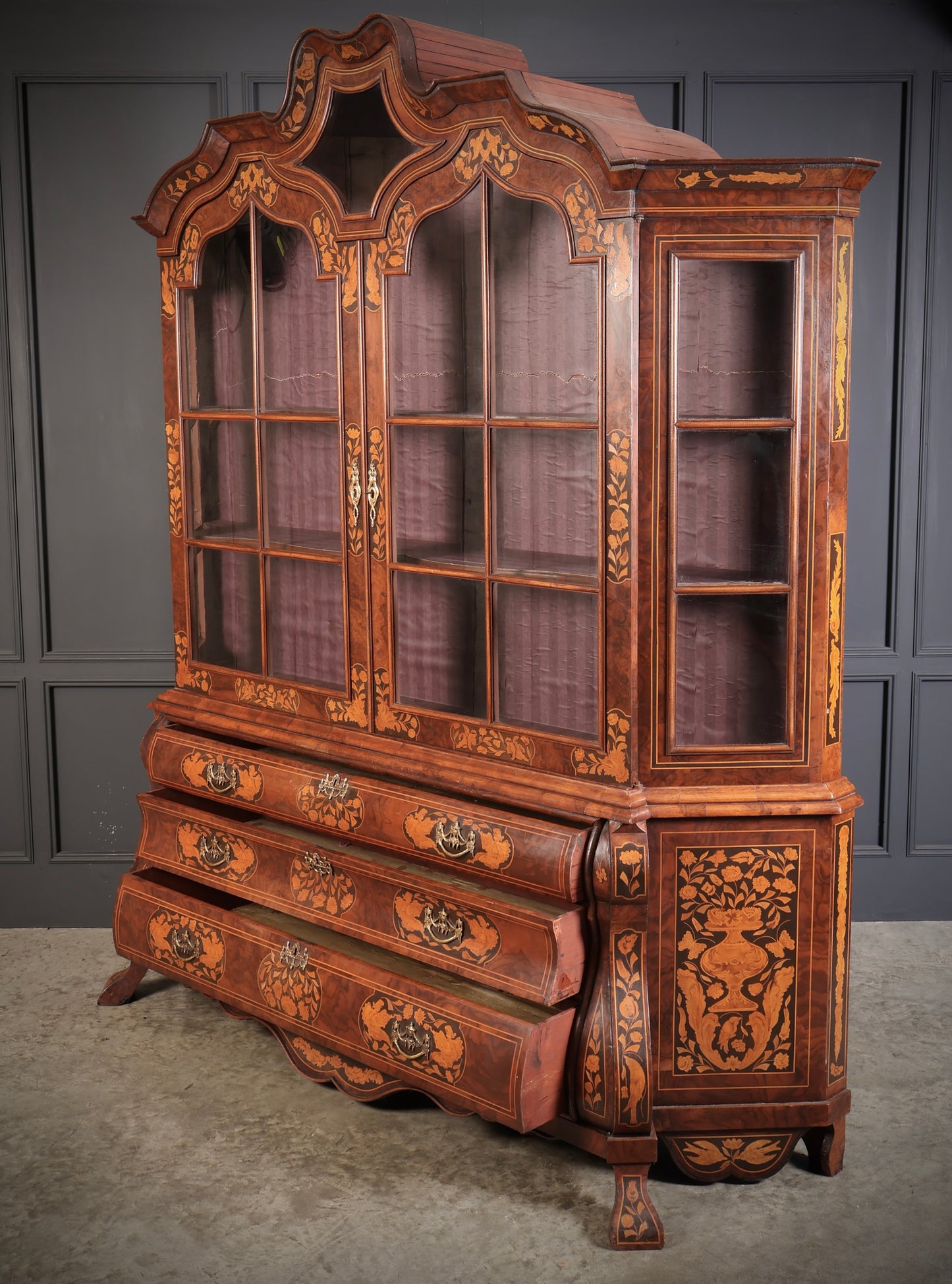 Large Dutch Marquetry Inlaid Walnut Bombe Shaped Cabinet