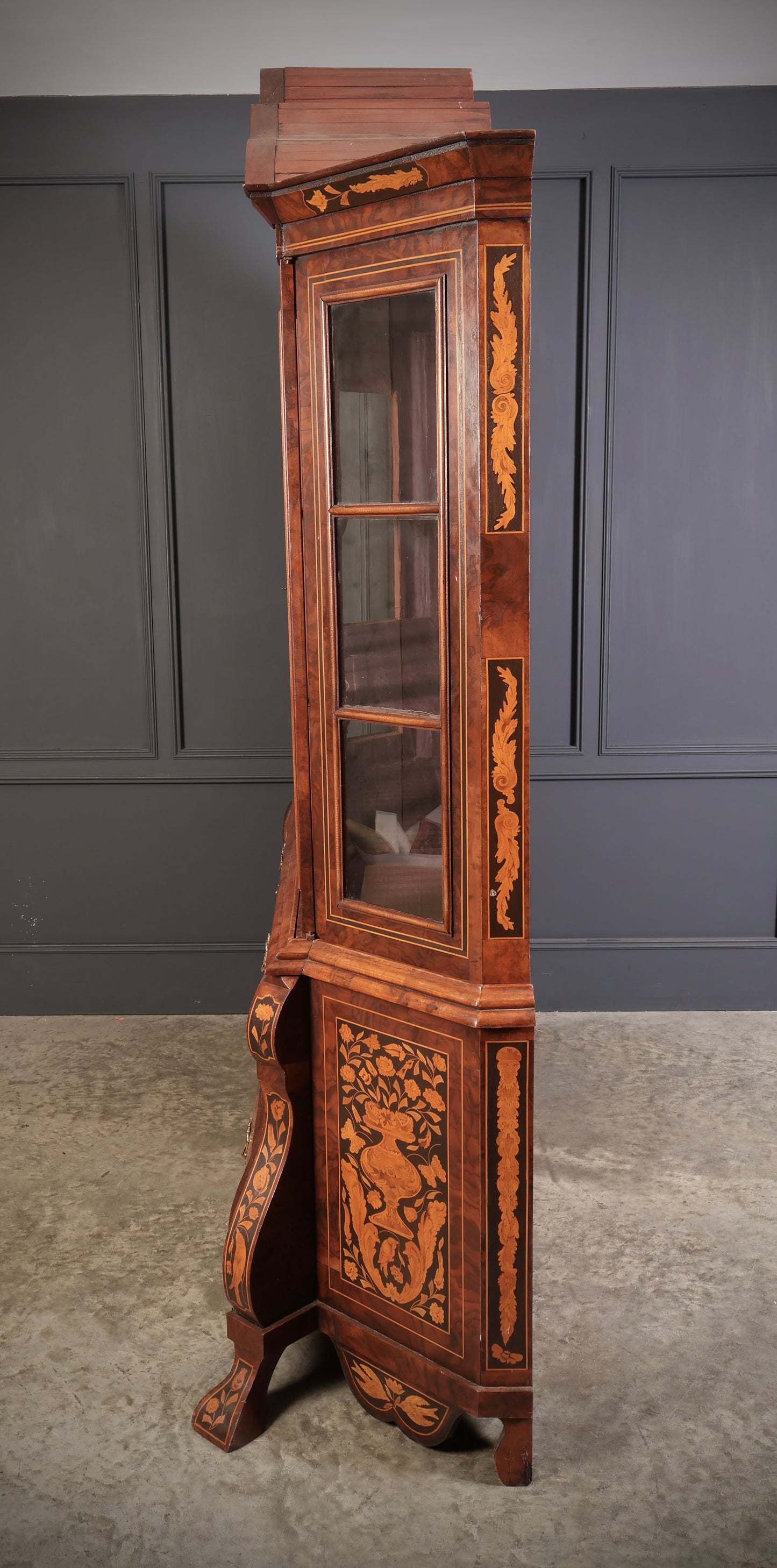 Large Dutch Marquetry Inlaid Walnut Bombe Shaped Cabinet