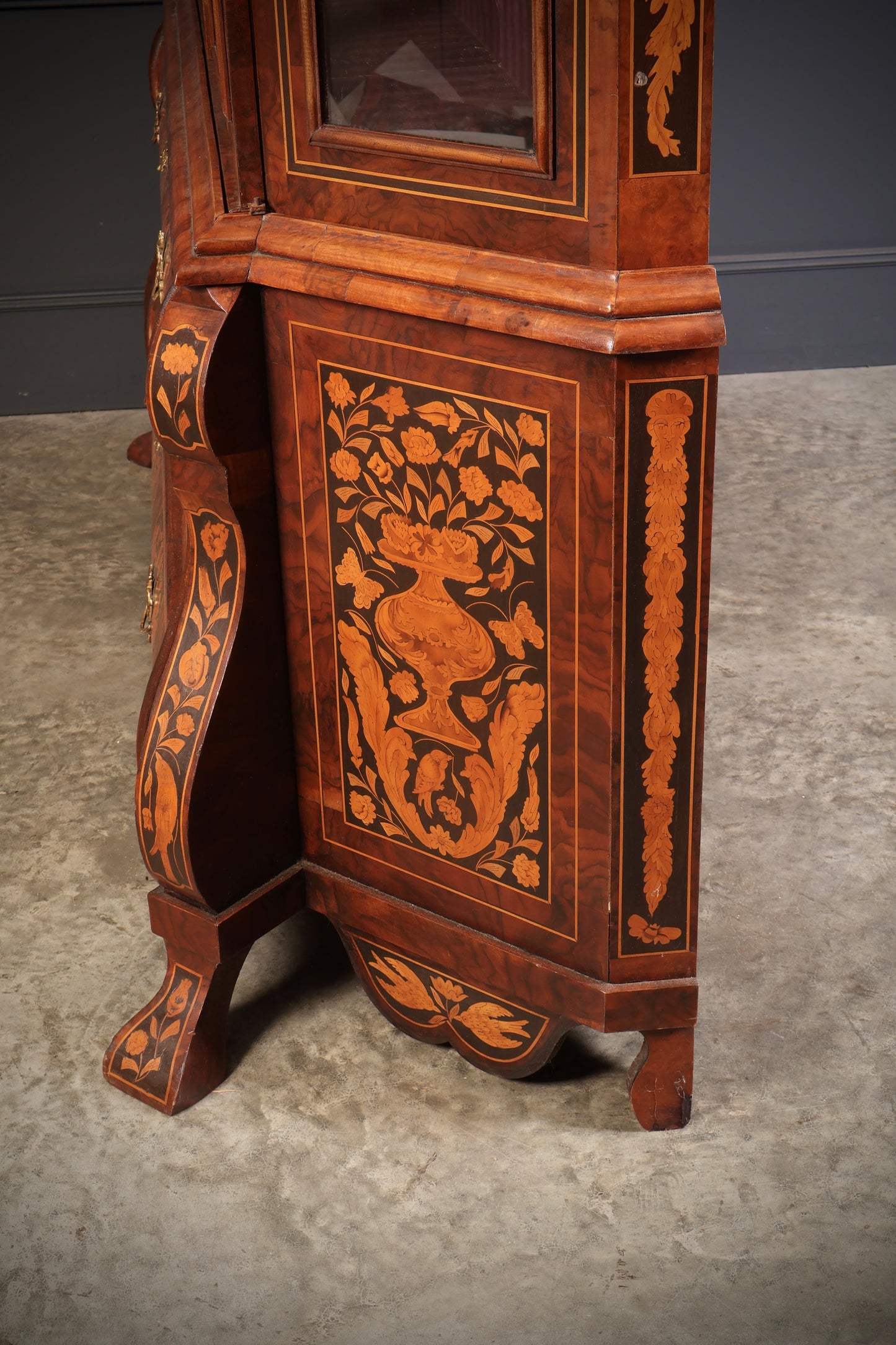 Large Dutch Marquetry Inlaid Walnut Bombe Shaped Cabinet
