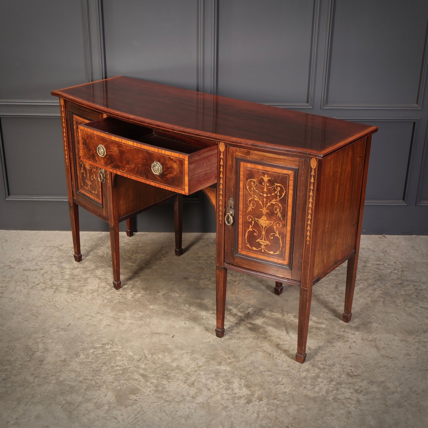 Marquetry Inlaid Mahogany Bow Front Sideboard