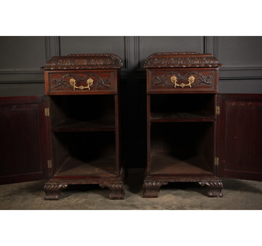 Pair of Chippendale Style Carved Mahogany Bedside Cabinets