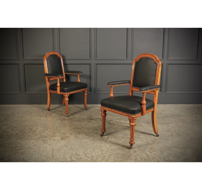 Pair of Gothic Oak & Leather Chairs by W.Williamson & Sons.