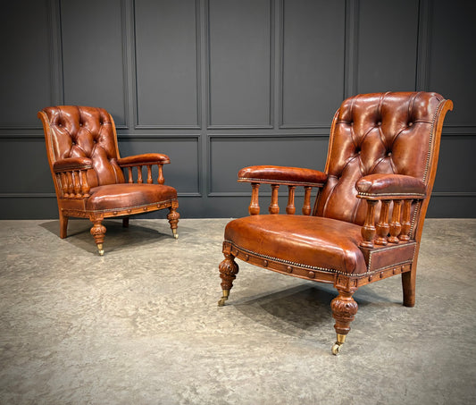 Pair of Oak & Buttoned Leather Library Armchairs