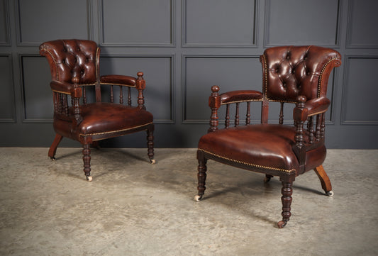Pair of Victorian Mahogany & Buttoned Leather Captains Desk Chairs