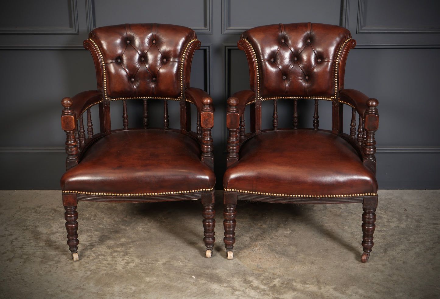 Pair of Victorian Mahogany & Buttoned Leather Captains Desk Chairs
