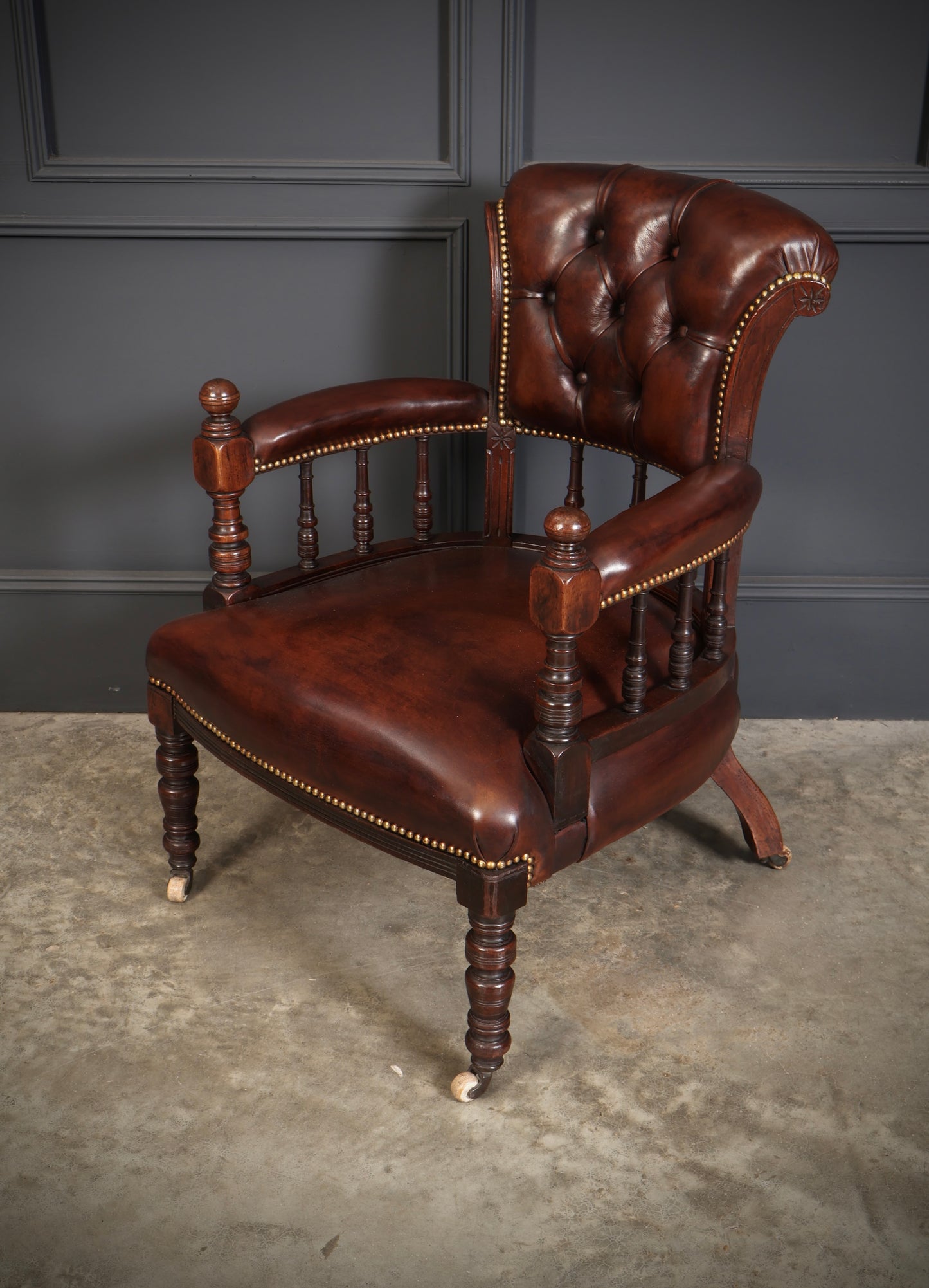 Pair of Victorian Mahogany & Buttoned Leather Captains Desk Chairs