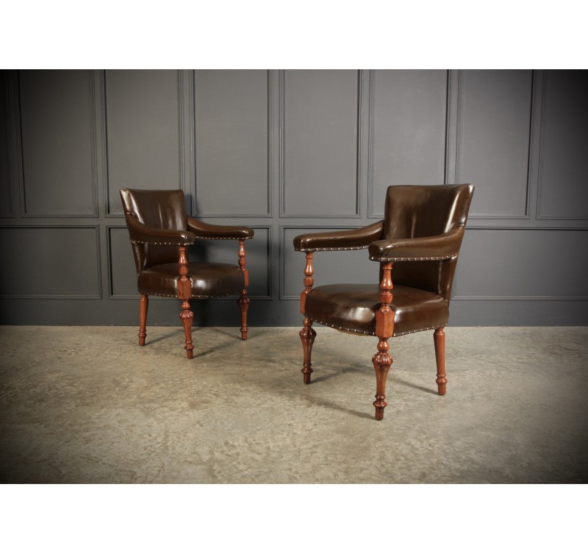 Pair of Victorian Mahogany & Leather Library Armchairs