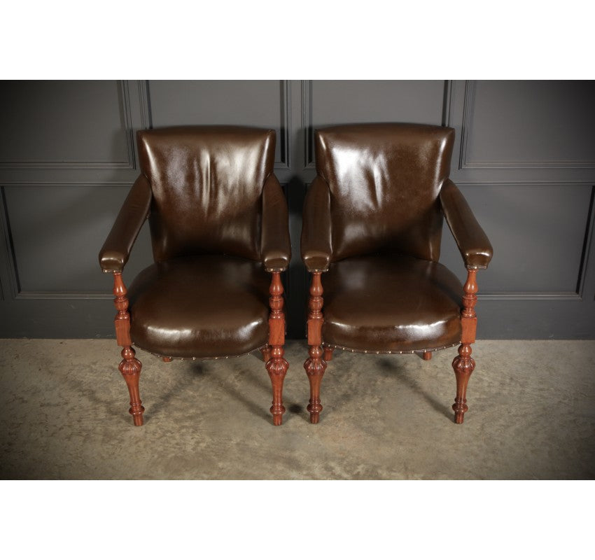 Pair of Victorian Mahogany & Leather Library Armchairs