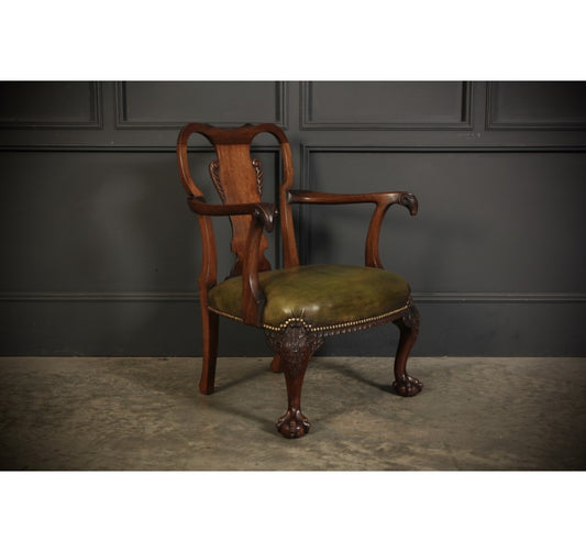 Queen Anne Style Mahogany & Green Leather Childs Armchair